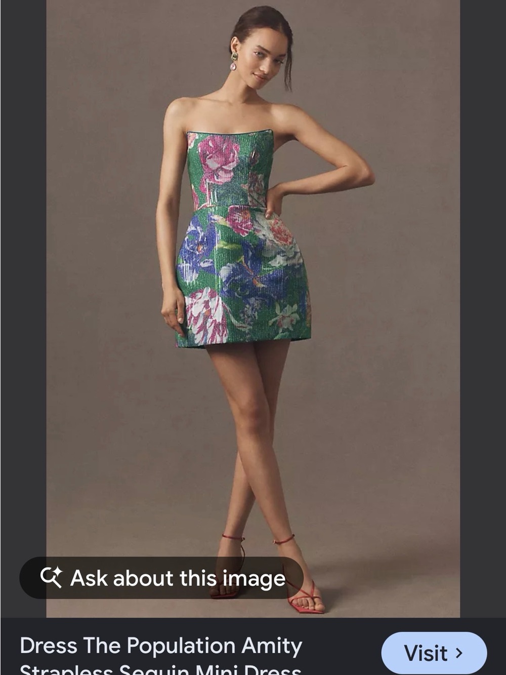 Dress the Population Strapless Sequin Mini Dress in Green Floral
